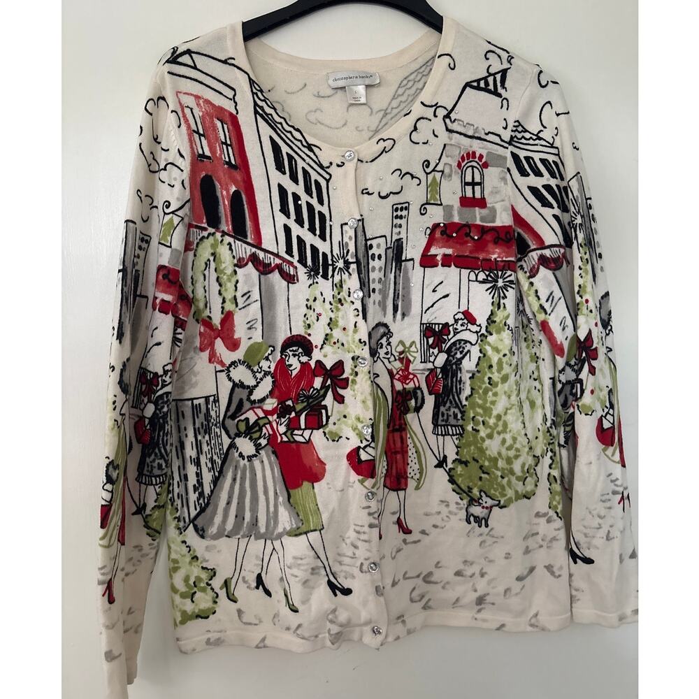 Christopher & Banks City Shopping Christmas Scene Cardigan Size Large